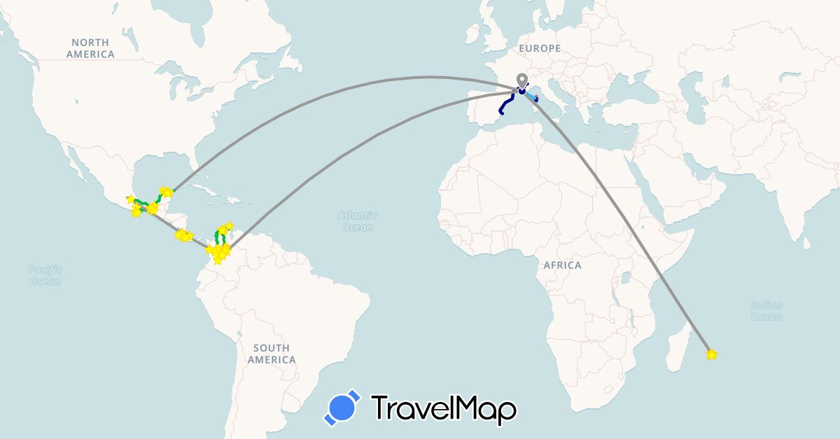 TravelMap itinerary: driving, bus, plane, cycling, train, hiking, boat, motorbike in Colombia, Costa Rica, Spain, France, Mexico (Europe, North America, South America)